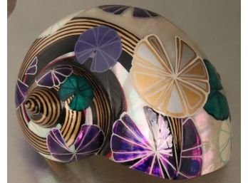 Amazing Hand Painted & Signed Shell With Silver Lacquered & Lucite Table Lamp