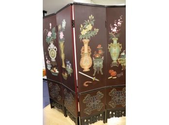 6 Panel Oriental Style Wall Screen With Hand Painting & Carving