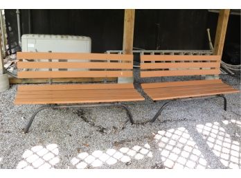 Pair Of Redwood Benches With Black Tubular Metal Frame