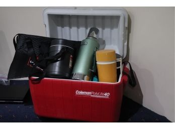 Assorted Thermos, Cooler Bags & Coleman PolyLite40 Cooler