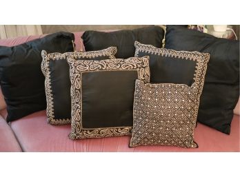 7 Assorted Throw Pillows, Some With Gold Thread Embellishment
