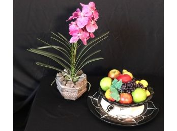 Faux Orchid In Unique Planter With Decorative Tabletop Pieces