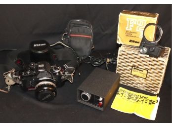 Vintage Nikon 55 MM Film Camera With Nikon Camera Accessories & Case