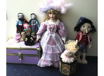 Assorted Souvenir Dolls, Pinocchio, Porcelain Doll And Cinderella Music Jack In A Box