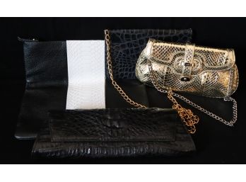 Raf Gold Metallic Clutch, Black Croc Clutch And 2 Stamped Leather Clutches