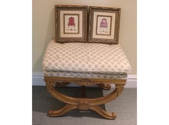 Custom Upholstered Vanity Stool With Carved Details & Pair Of Framed Chair Prints