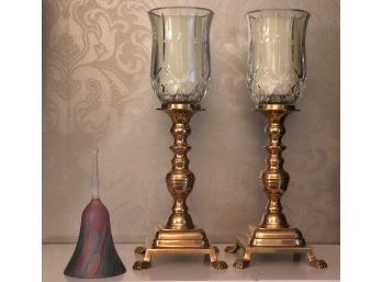 Pair Of Waterford Style Cut Crystal & Brass Hurricanes & Israeli Art Glass