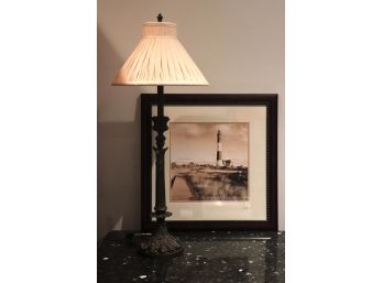Heavy Metal Bronzed Finish Ornate Table Lamp & Framed Lighthouse Print
