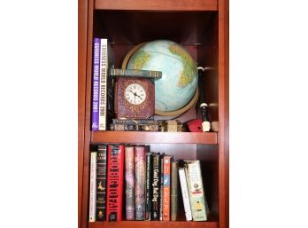 Mantle Clock Book End, Globe & Assorted Hard Cover/Soft Cover Books