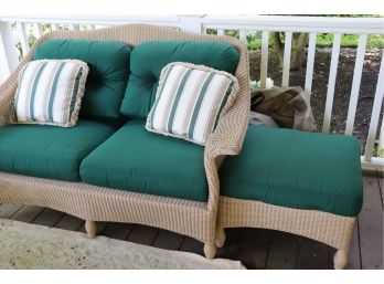 Indoor/Outdoor Wicker Loveseat With Ottoman With Green Cushions