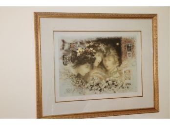 Signed Mixed Media Print In Gilded Ornate Frame