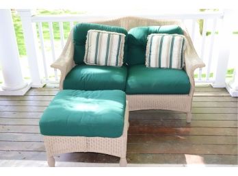 Indoor/Outdoor Wicker Loveseat With Ottoman With Green Cushions