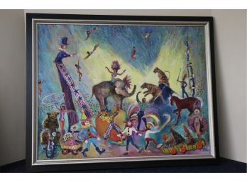 Signed Vintage Oil On Canvas Circus In Classic Frame