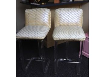 Pair Of Vintage Coated Fabric Swivel Bar Stools With Lucite Bases