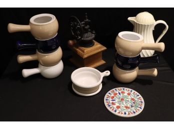 Vintage Oak Decorative Grinder, 7 Farberware Ceramic Soup Crocks & More