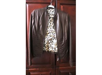 Modern Style Brown Leather Jacket With Leopard Print Lining