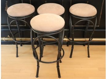 Set Of 4 Antiqued Brass Finish Metal Swivel Bar Stools With Mocha Microsuede Seat