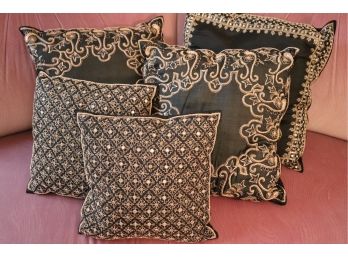5 Assorted Throw Pillows, Some With Gold Thread Embellishment