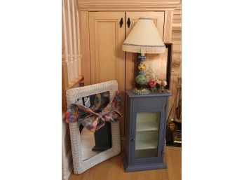 Painted Display Cabinet, Painted Table Lamp, Wicker Wall Mirror & Much More