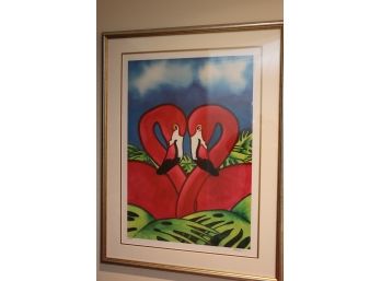 Signed & Framed Lithograph 230/400 Of 2 Graphic Flamingoes