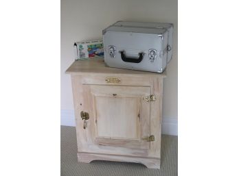 Rustic White Washed Wooden Ice Chest Style End Table With Makeup/Art Case