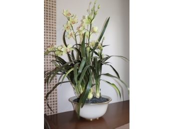 Large Faux Orchid Display In Ceramic Bowl With Gold Trim