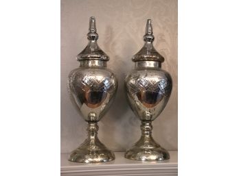 Pair Of Fabulous Antiqued Mercury Glass Style Apothecary Jars