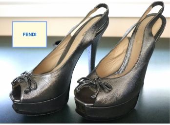 Fendi Platform Peep Toe High Heel In Gunmetal Metallic Leather  Womens Size 39
