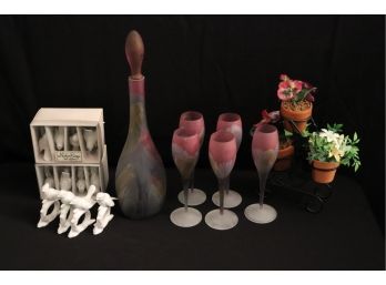Israeli Art Glass Decanter & 5 Wine Glasses, 12 Fitz & Floyd Napkin Holder & More