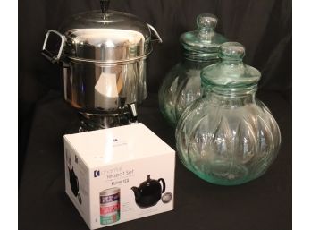 Farberware 12-36 Cup Coffee Urn, Chantal Teapot Set & Pair Of Glass Cookie Jars
