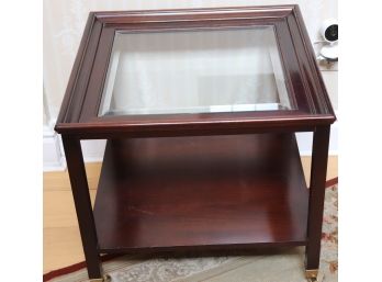 Square Wood Frame Beveled Glass Inset Side Table On Brass Casters