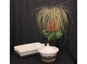 Dried Pineapple Shape Floral Arrangement & Ornate Ceramic Serving Pieces