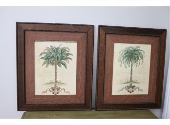 Pair Of Tropical Palm Tree Prints In Wood Frames With Leather Mats