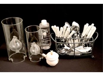 Assorted White Plastic & Metal Flatware In Metal Holder, Oil Lamp Hurricanes & More