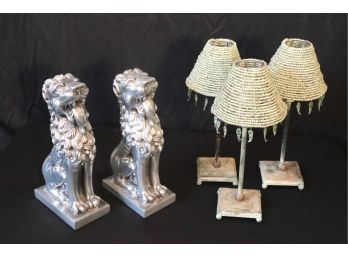 3 Beaded Shade Votive Candle Holder Lamps & 2 Polished Metal Lion Bookends