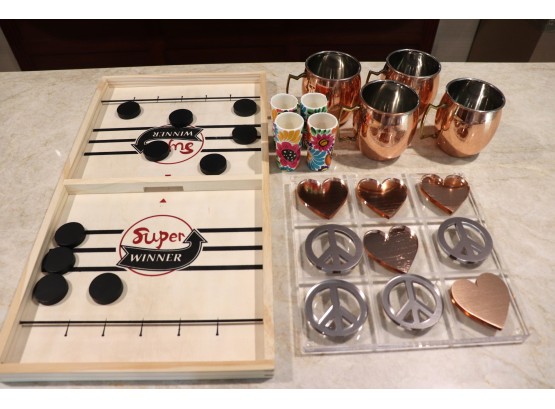 Fun Collection Includes Copper Cups With Monogram, Super Winner Hockey Game & Peace/Heart Tic Tac Toe