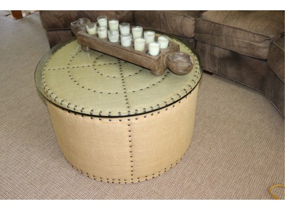 Burlap Style Coffee Table With Protective Glass Top Includes Solid Wood Votive Candle Holder