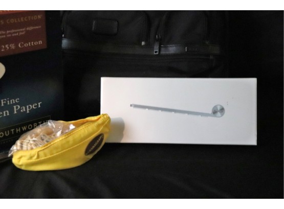 New Sealed Apple Wireless Keyboard MC184LL/A, Fine Linen Paper, Tumi Carry Case & Bananagrams