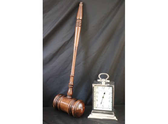 Large Wood Gavel Fun Decorative Piece & Chrome Finished Battery Operated Colonial Clock Co Est 1870