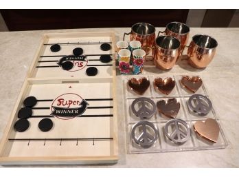 Fun Collection Includes Copper Cups With Monogram, Super Winner Hockey Game & Peace/Heart Tic Tac Toe