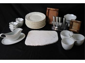 Kitchen Items- Wedgwood Floral Plates, Crate & Barrel Dish, Cheese Set, Stone Cutting Board & More