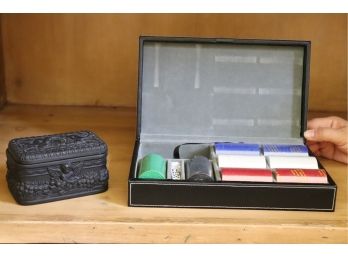New Poker Chip Set By Bey-Berk In A Genuine Leather Case Sealed Chips & Cherub/ Angel Trinket Box