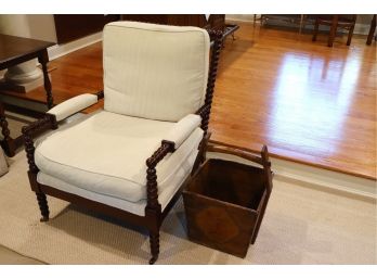 Elegant Turned/Corkscrew Design Arm Chair With Padded Arms & Barnwood Basket With Floral Painted Detail