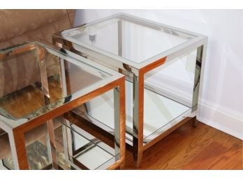 Pair Of Stunning Quality Mirrored Chrome Side Tables With A Bottom Shelf - In Very Good Condition
