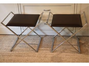 Pair Of Quality Contemporary Leather Frag Stools Made In Italy With A Polished Finished Chrome Base