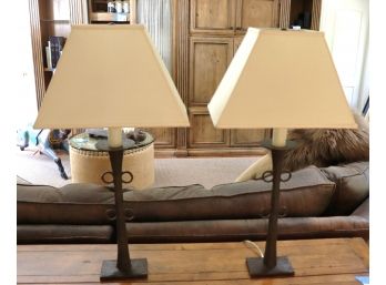 Pair Of Heavy Cast Metal Candle Sconce Lamps With A Hammered Like Finish