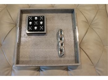 Gorgeous Snake Skin Style Ottoman Tray, Ralph Lauren Tic Tac Toe With Skull/Crossbones & Stamped RL Chain-