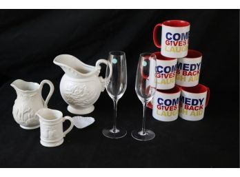 2 Tiffany & Co Champagne Flutes, Comedy Coffee Mugs, Copeland Pitcher & Hull USA A50 Pitcher