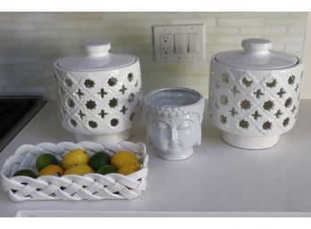 Decorative Pierced Canisters With Lids Includes Buddha Candle & Handmade Braided Dish From Italy