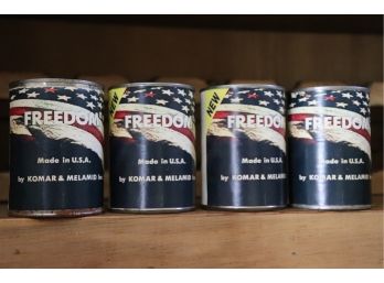 Collection Of 4 Freedom Art Tin Cans By Komar & Melamid Inc Freedom Made In USA- War Ration Can